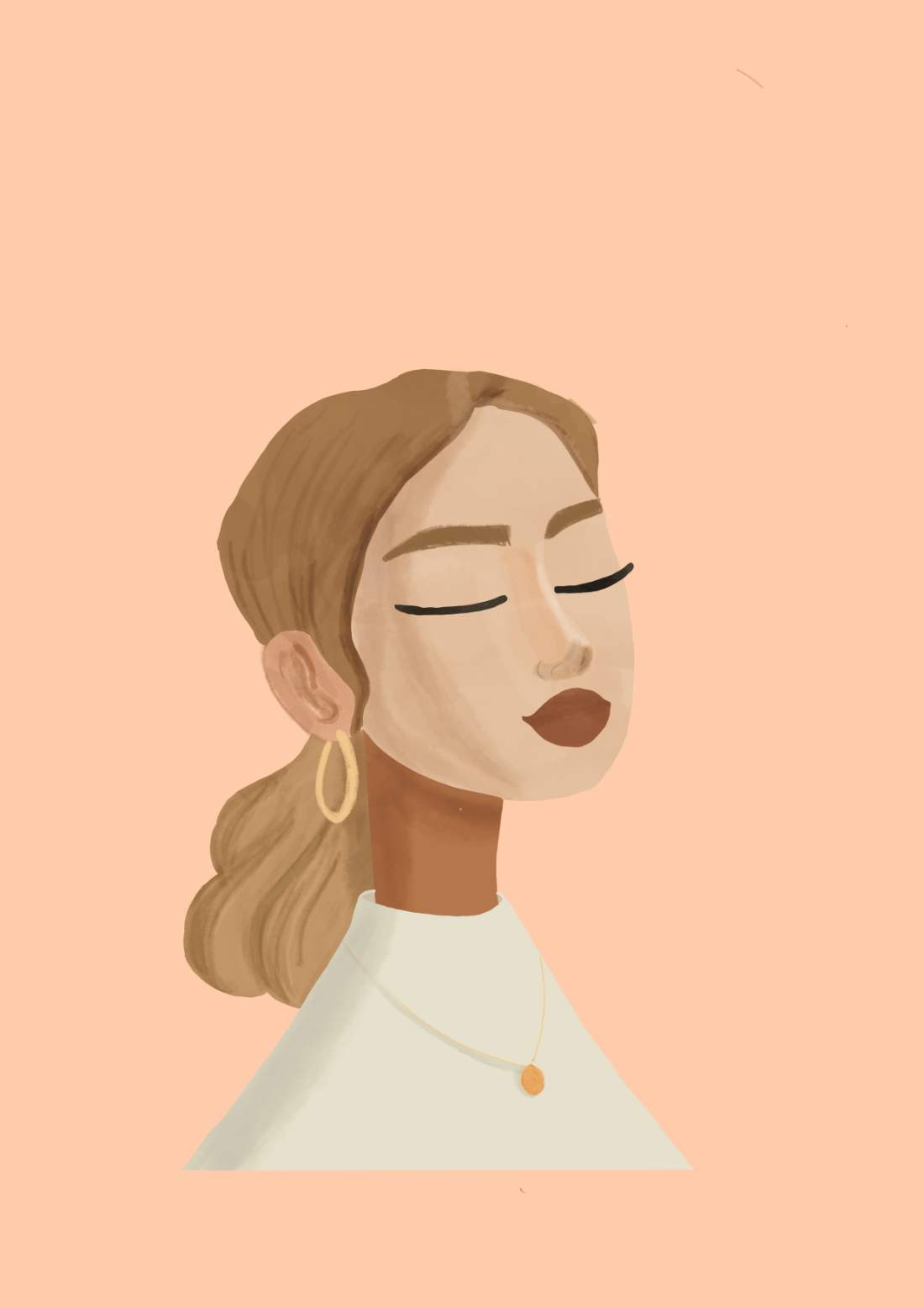 Portrait illustration of a woman with eyes closed and gold hoop earrings on a peach background