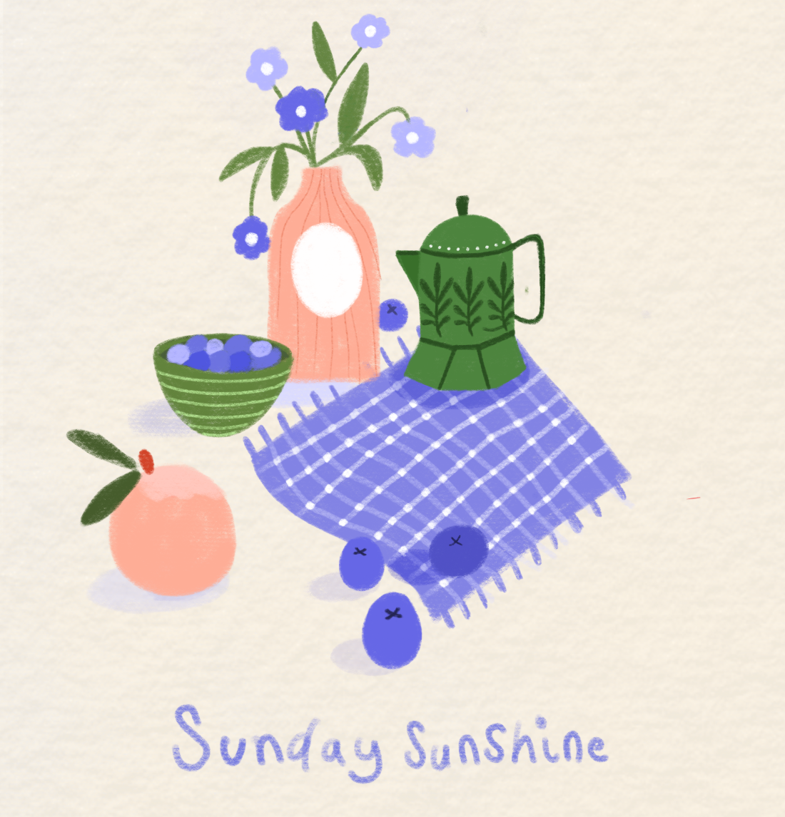 Gouache still life of a vase of blue flowers, coffee pot, fruit and blueberries titled ‘Sunday Sunshine’