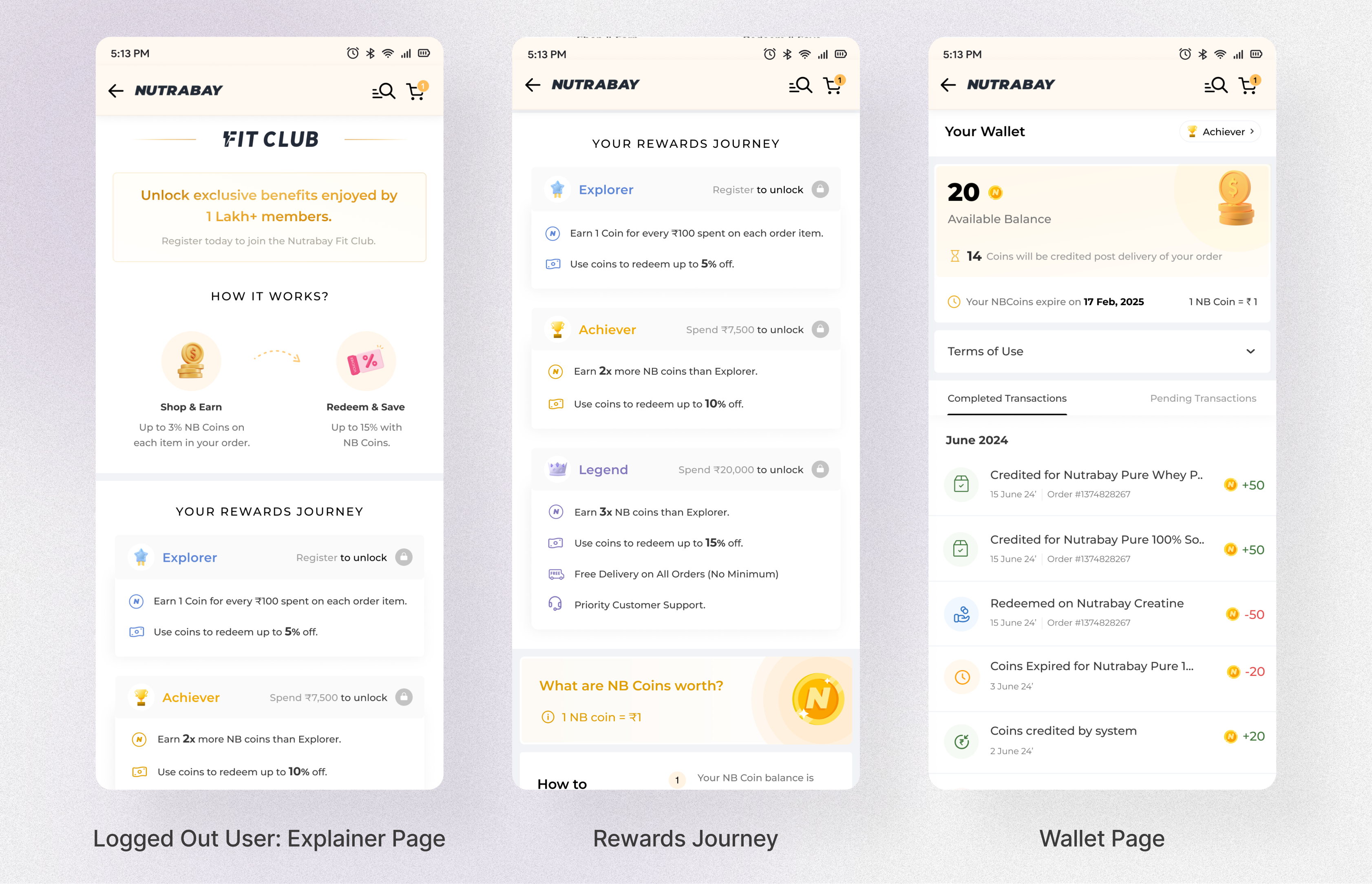 Logged-out explainer page, rewards journey list and wallet page