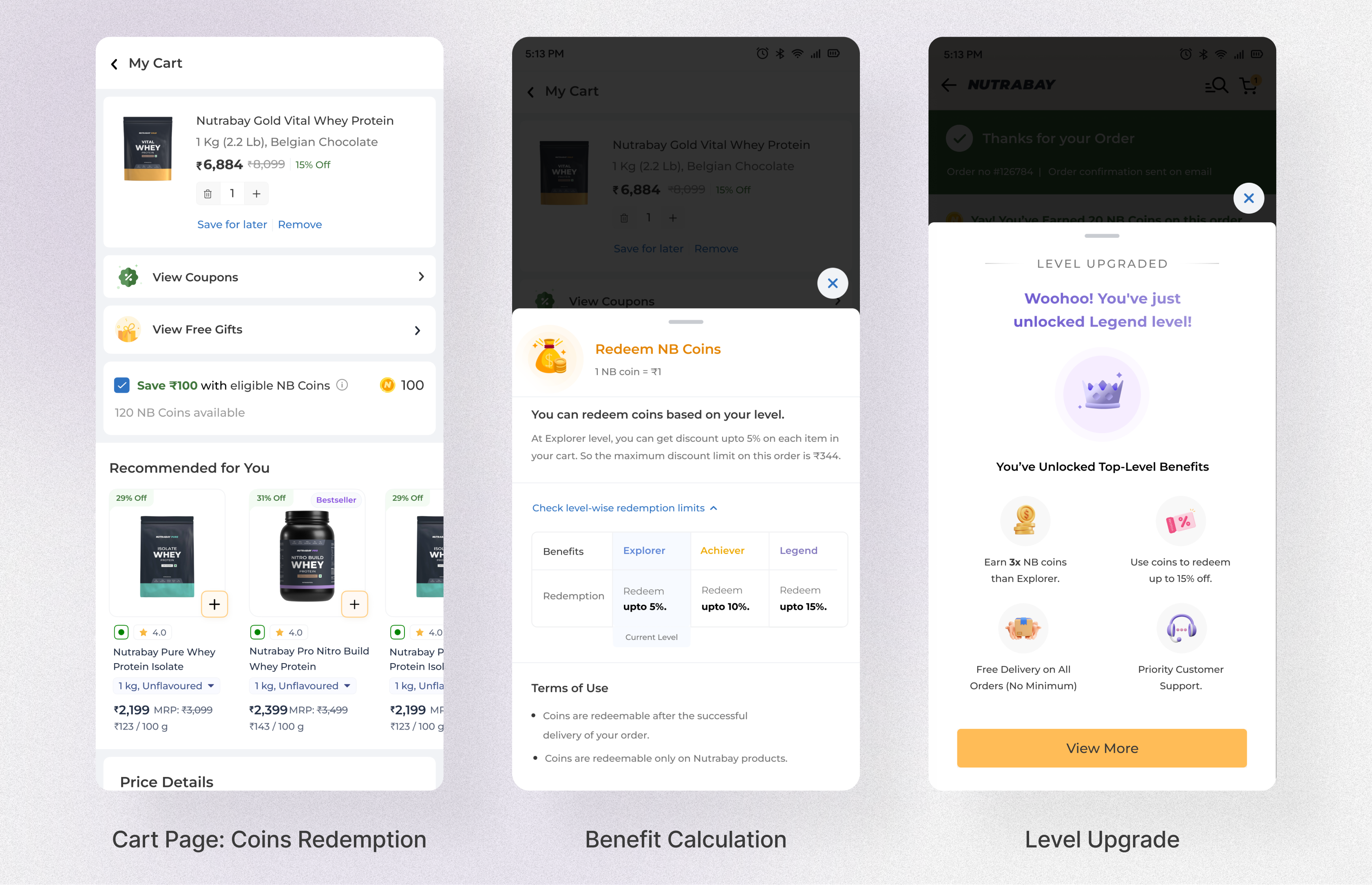 Cart coin redemption, benefit calculation modal and level upgrade celebratory screen