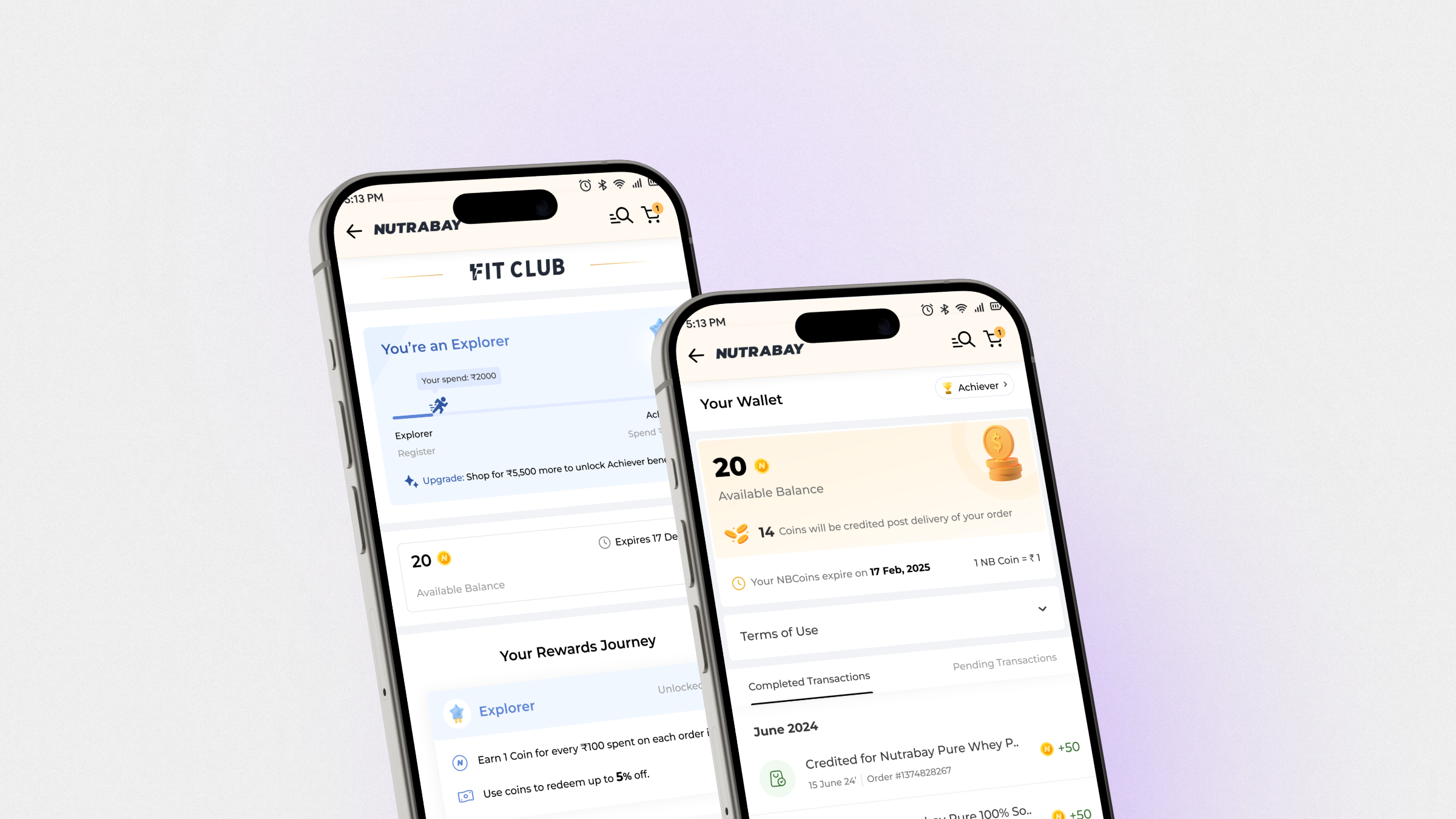 Nutrabay Fit Club, Explorer tier progress card and wallet balance screens shown on two phones