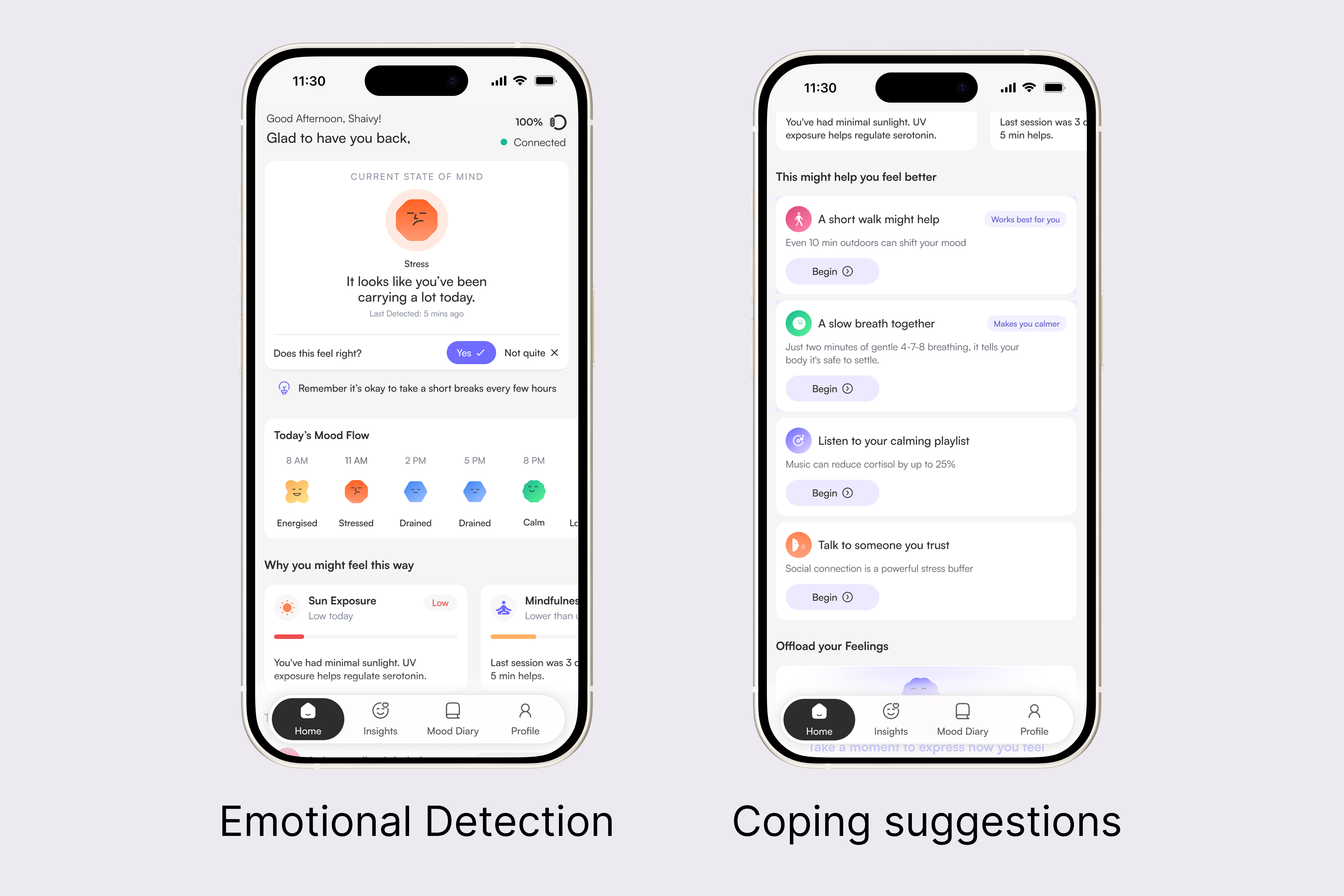 MoodMate home screen, detected state leading into coping suggestions