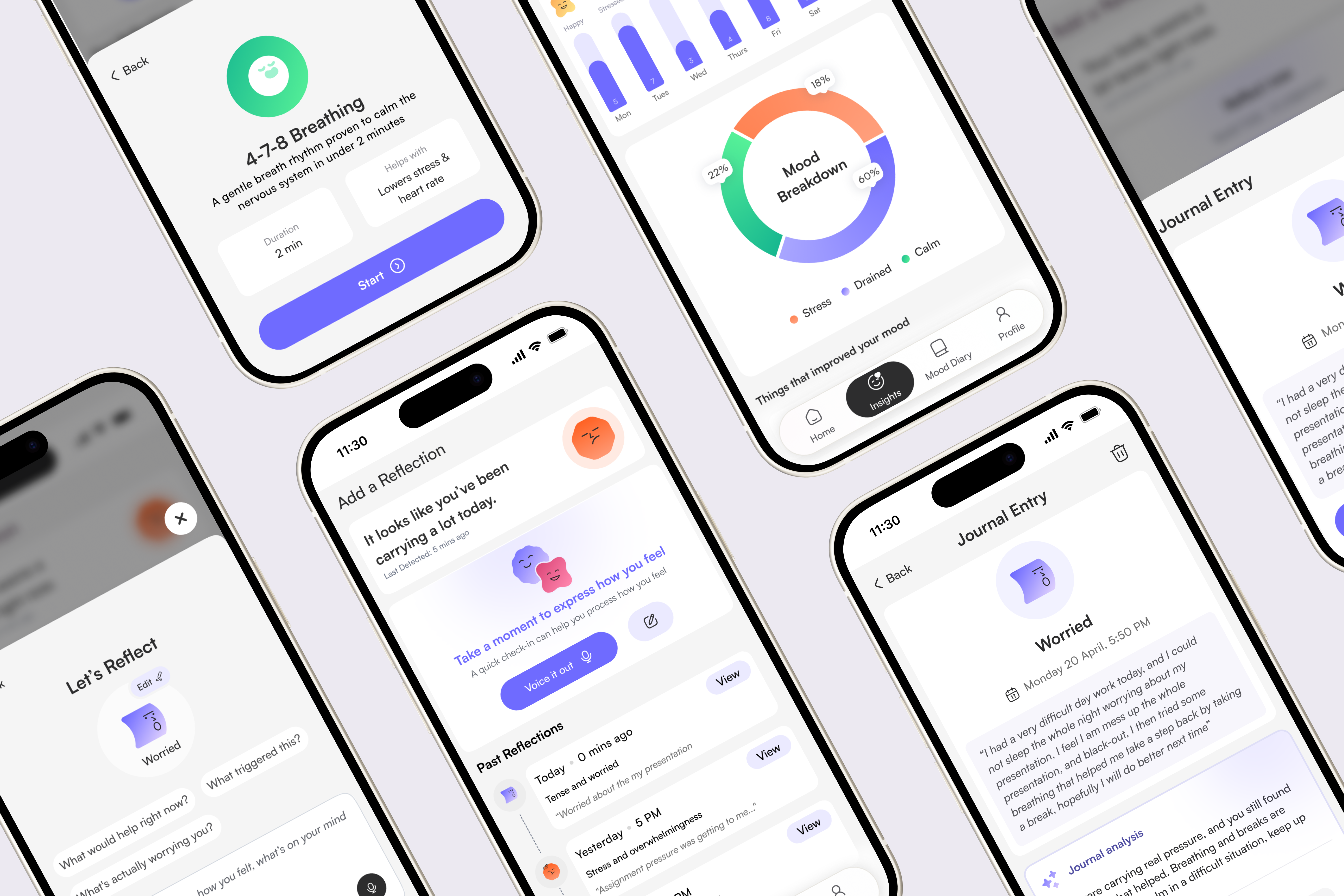 MoodMate app screens, breathing exercise, mood diary, insights and journal entry