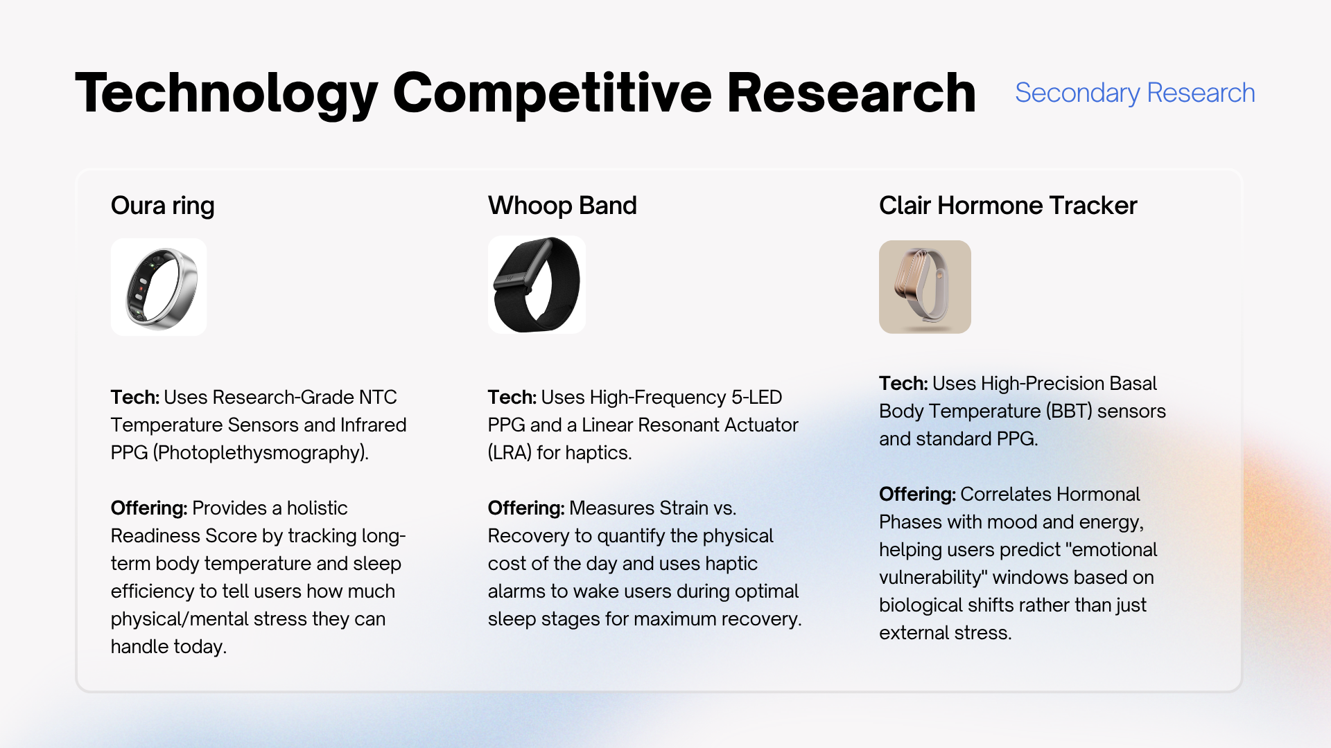 Technology competitive research — Oura, Whoop and Clair sensing approaches