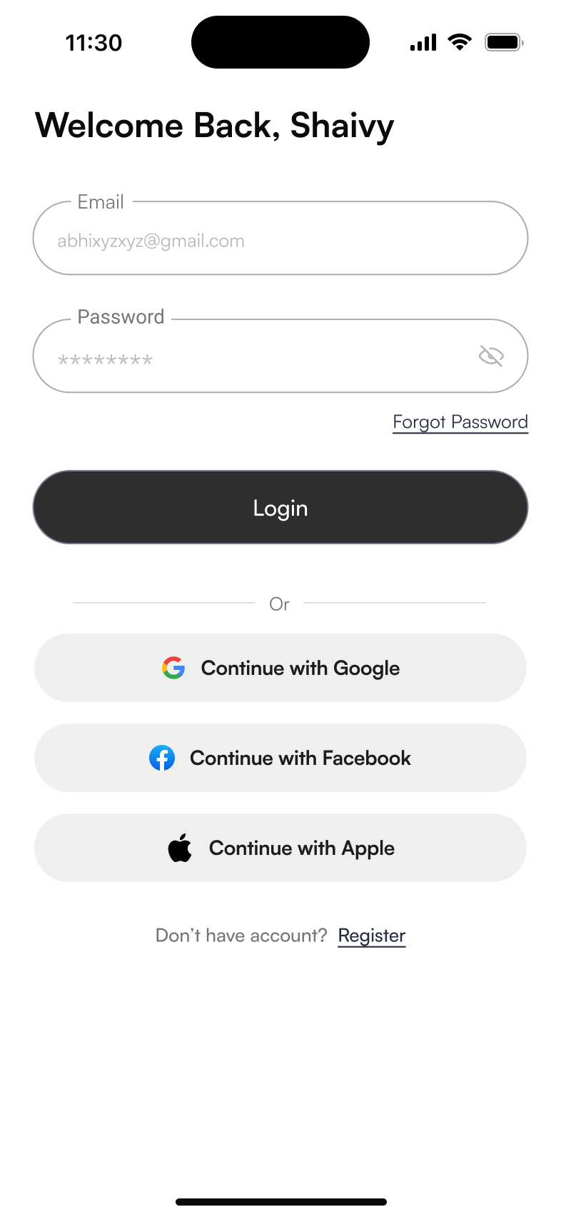 Login screen