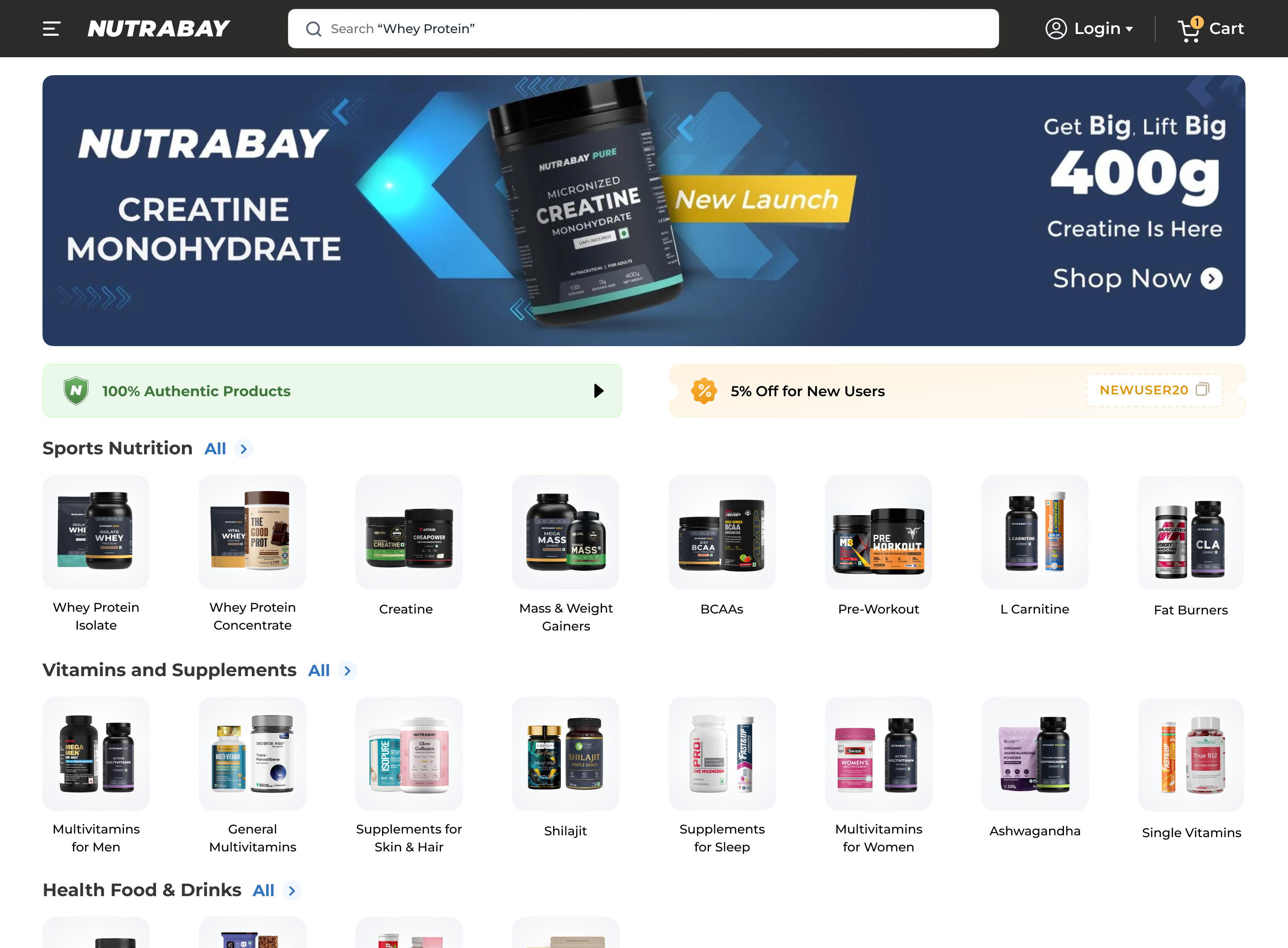 Nutrabay desktop homepage, category grid and offers scaled up for a wider viewport