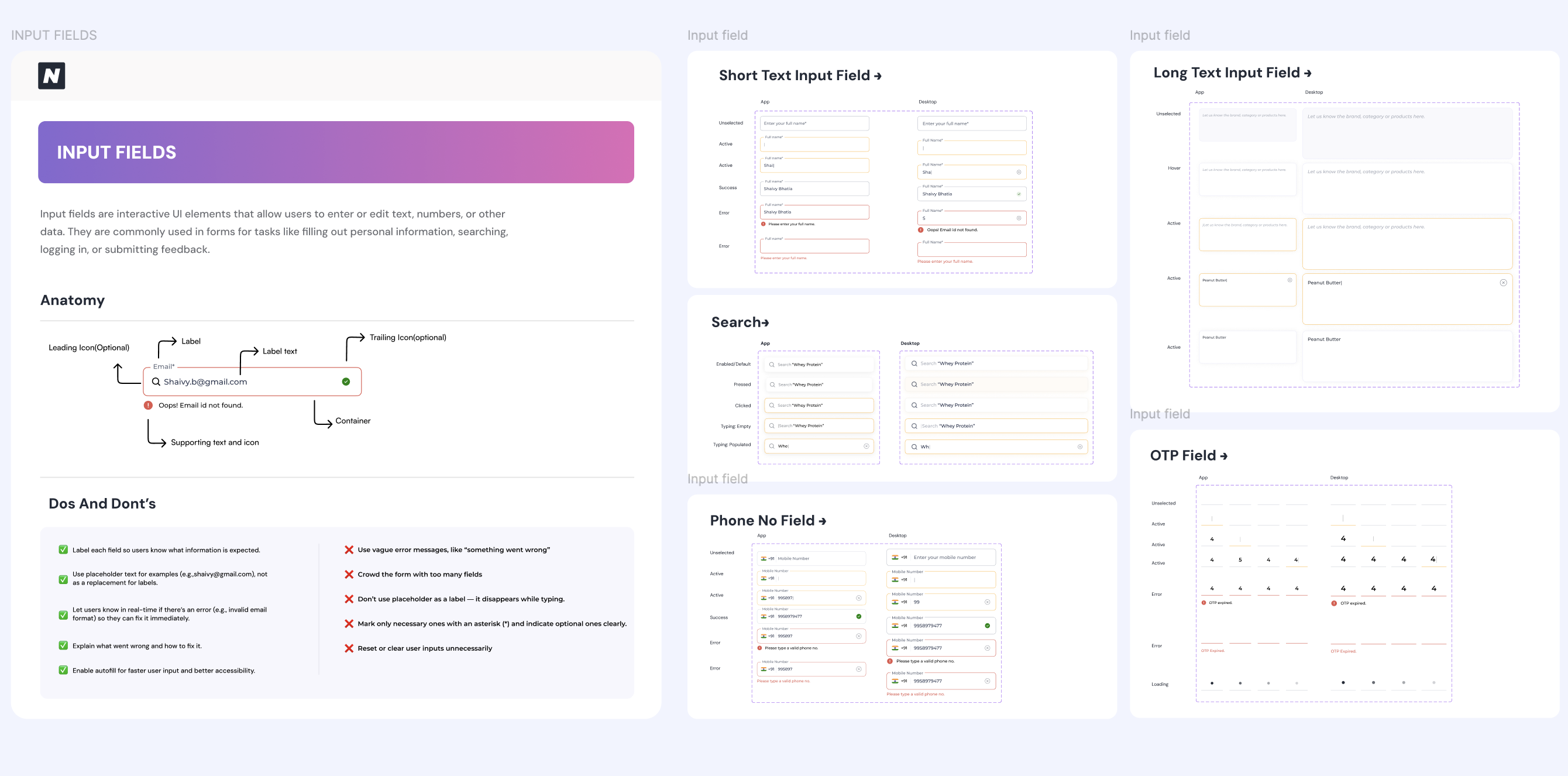 Input field component guidelines, anatomy, states and do's and don'ts, app and desktop
