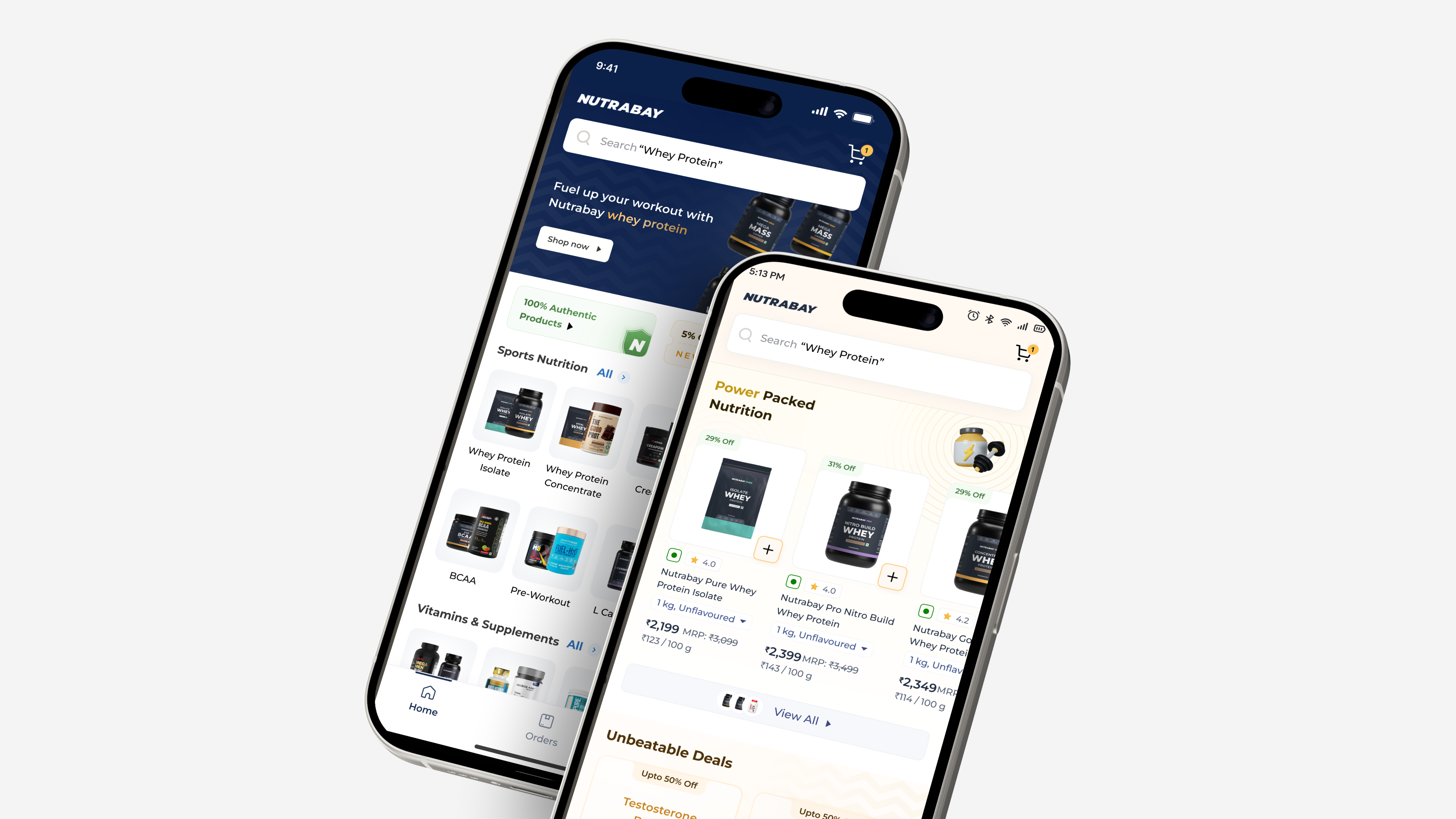 Nutrabay homepage hero visual, redesigned mobile homepage shown on two phones
