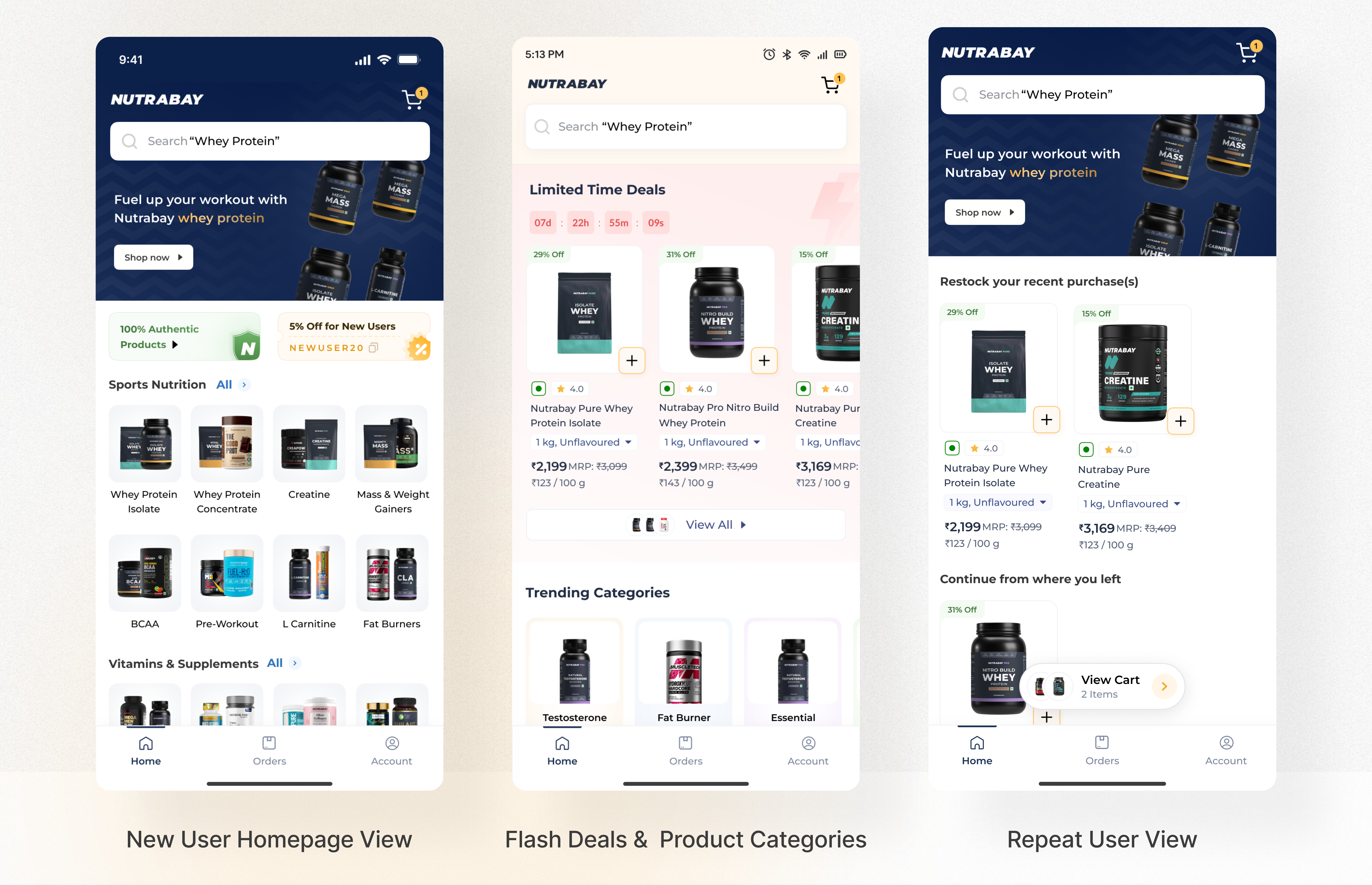Redesigned homepage, new user view, flash deals and product categories, repeat user view