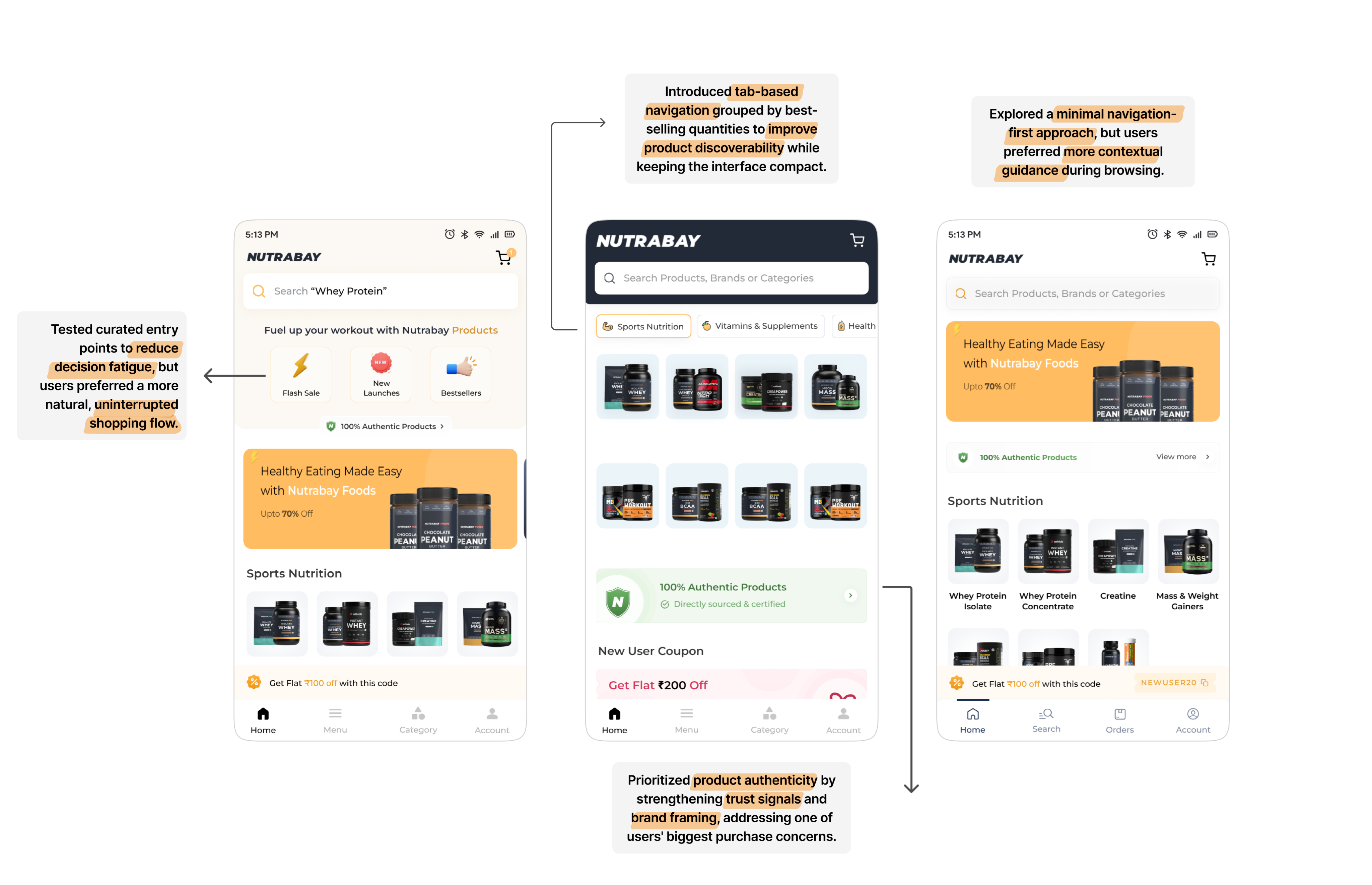 Discarded homepage direction, tab-based navigation and minimal navigation-first exploration