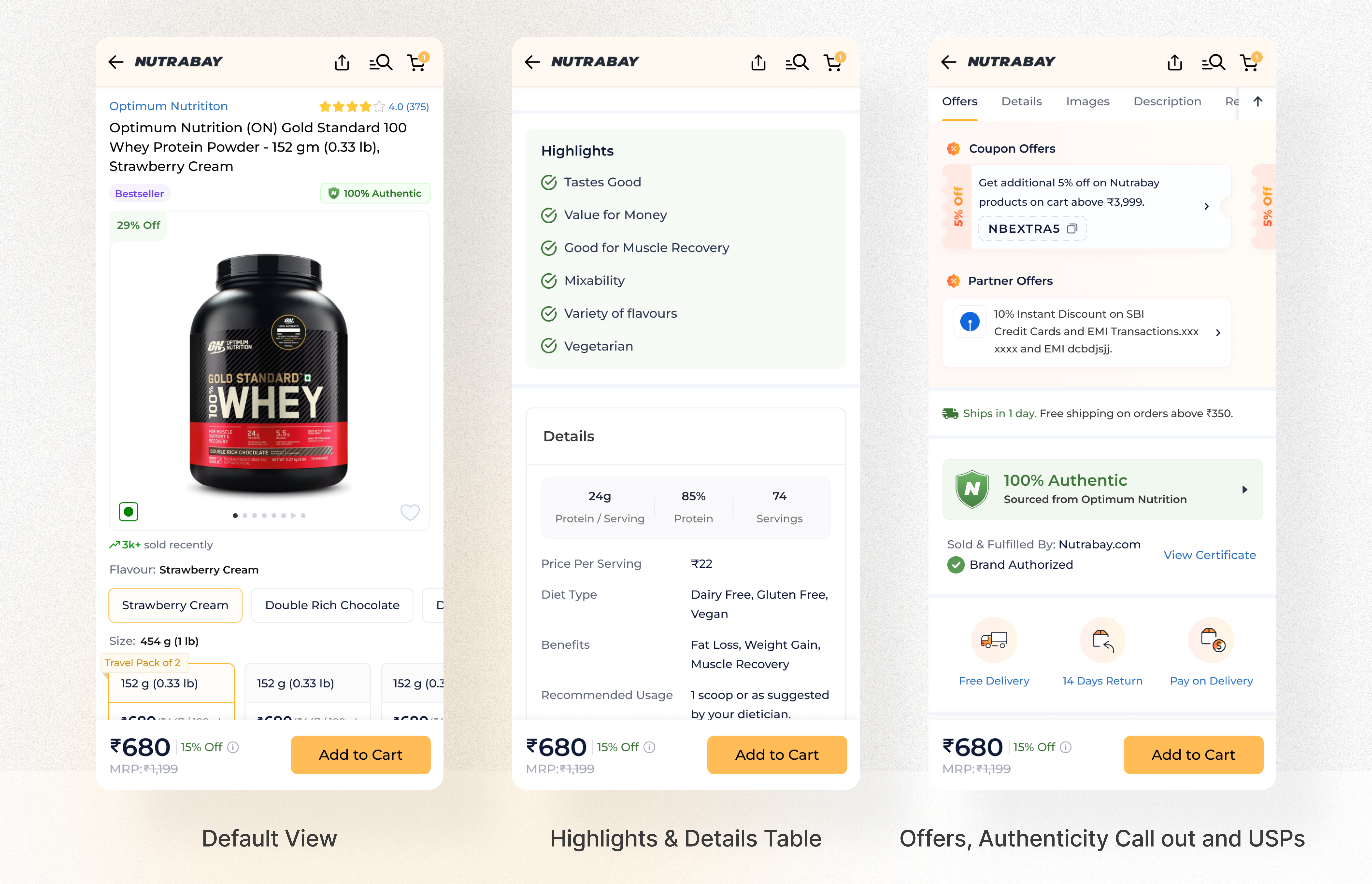 Redesigned product page, default view, highlights and details table, offers and authenticity call-out