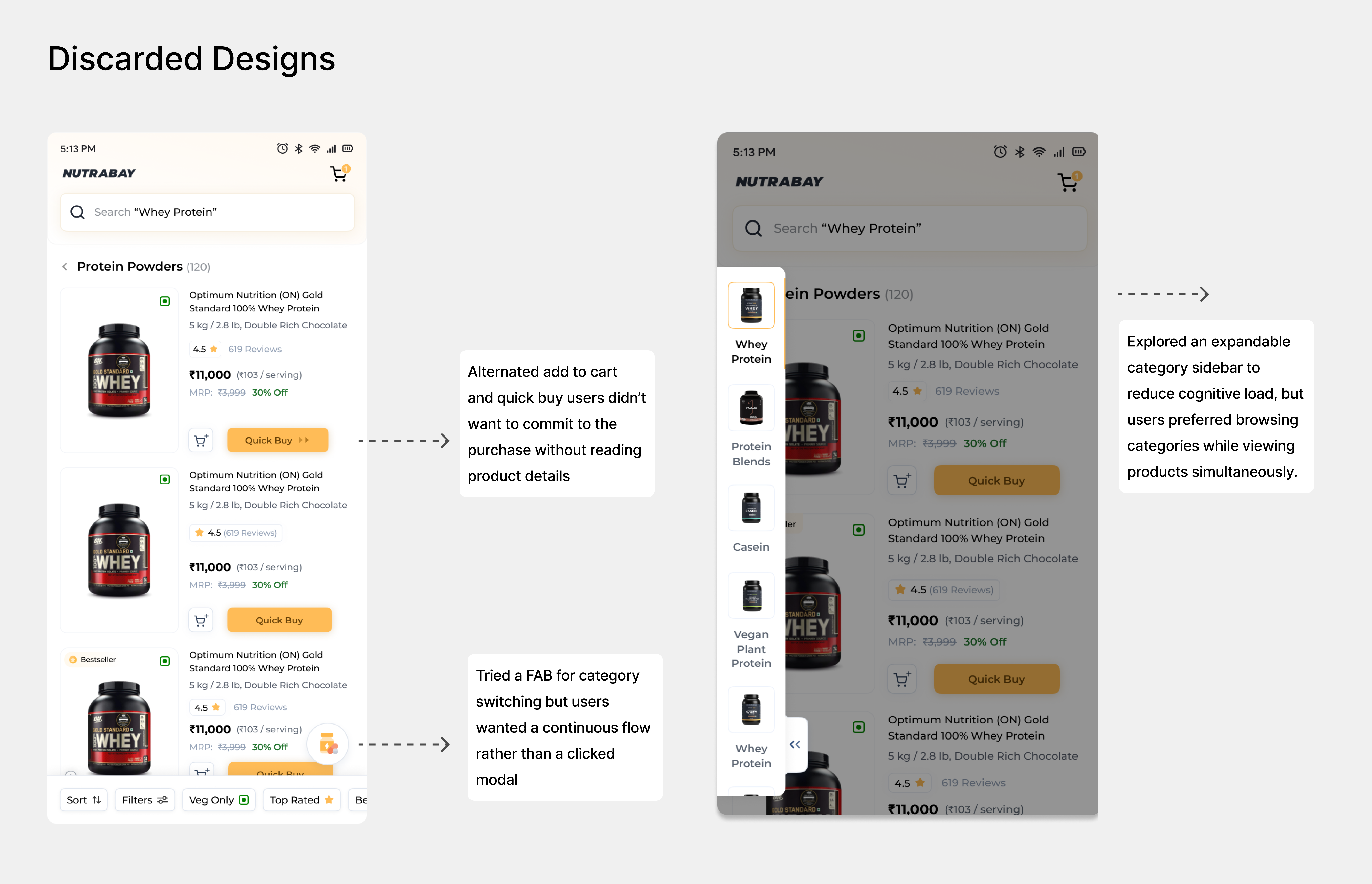 Discarded PLP direction, quick buy row and expandable category sidebar exploration