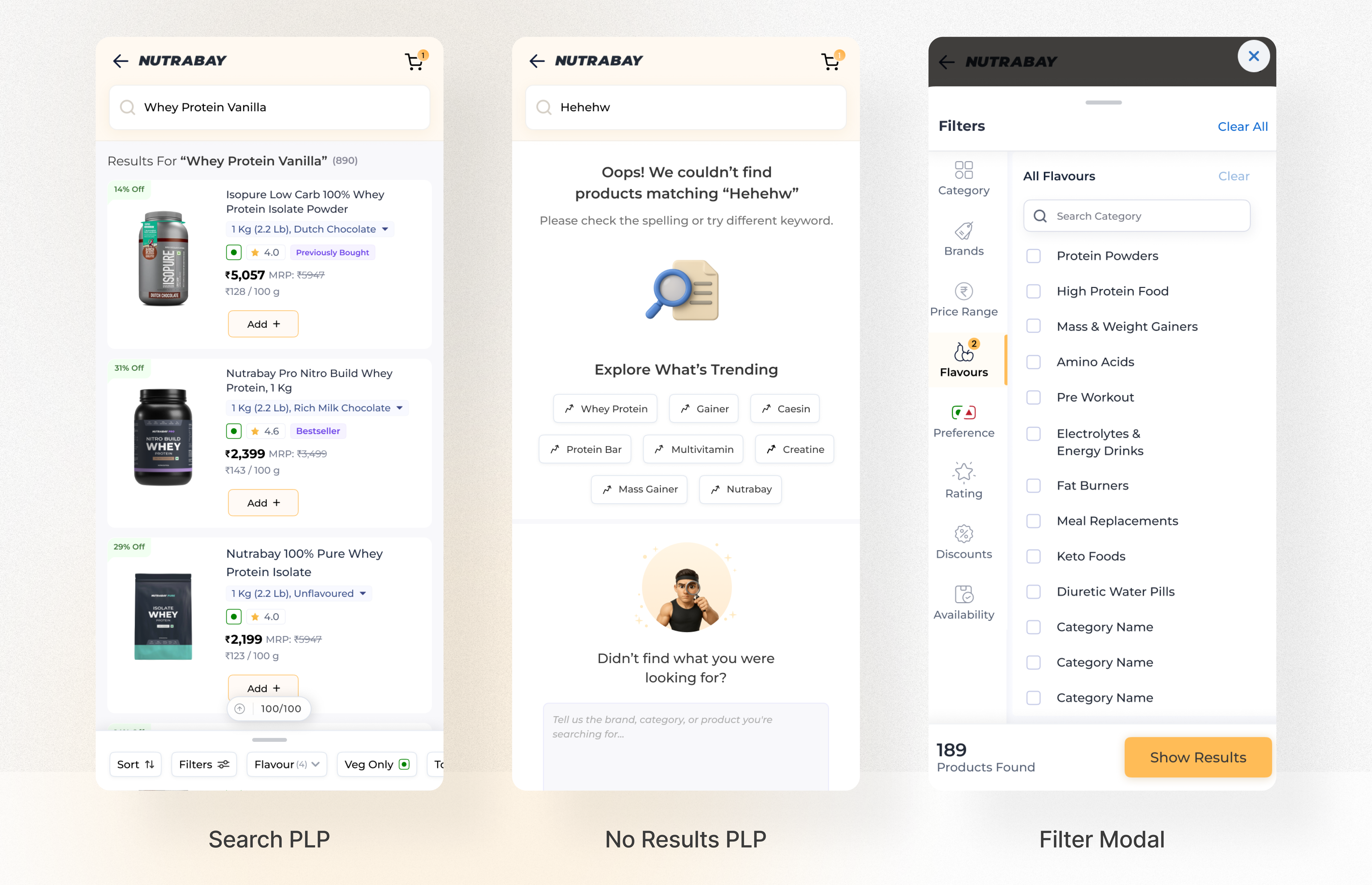 Other PLP screens, search PLP, no-results PLP and filter modal