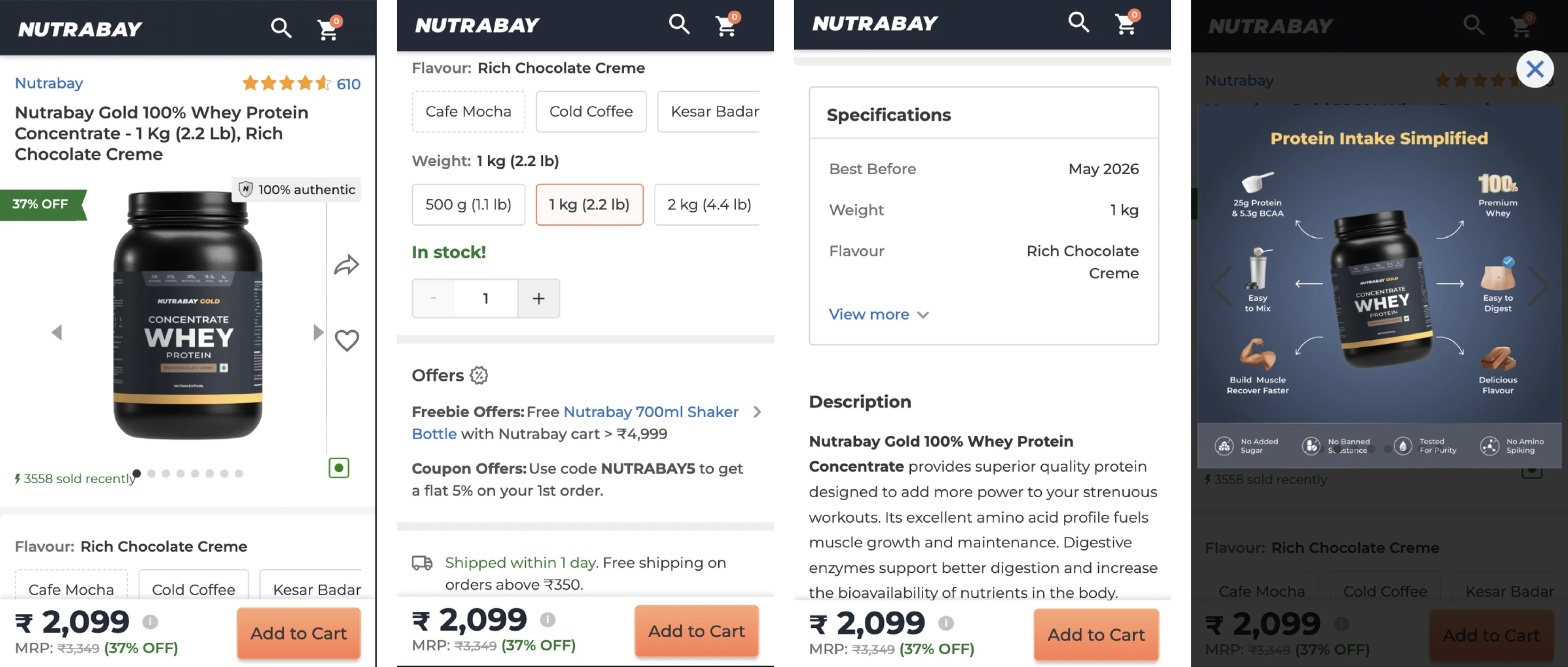 Current product page views, image gallery, variant selection, specifications and description panels