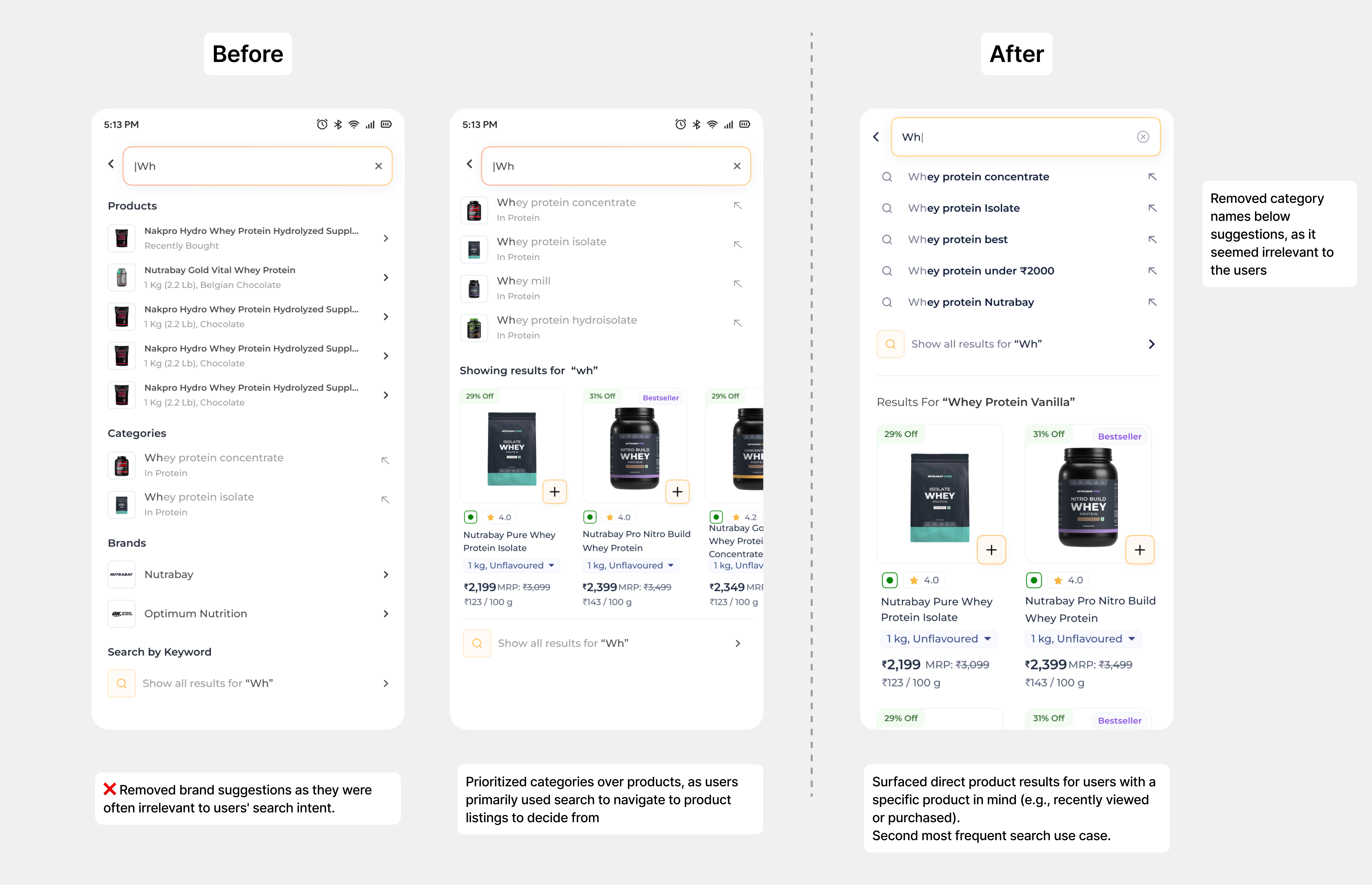 Search iteration, before and after comparison of search results with category-first product results