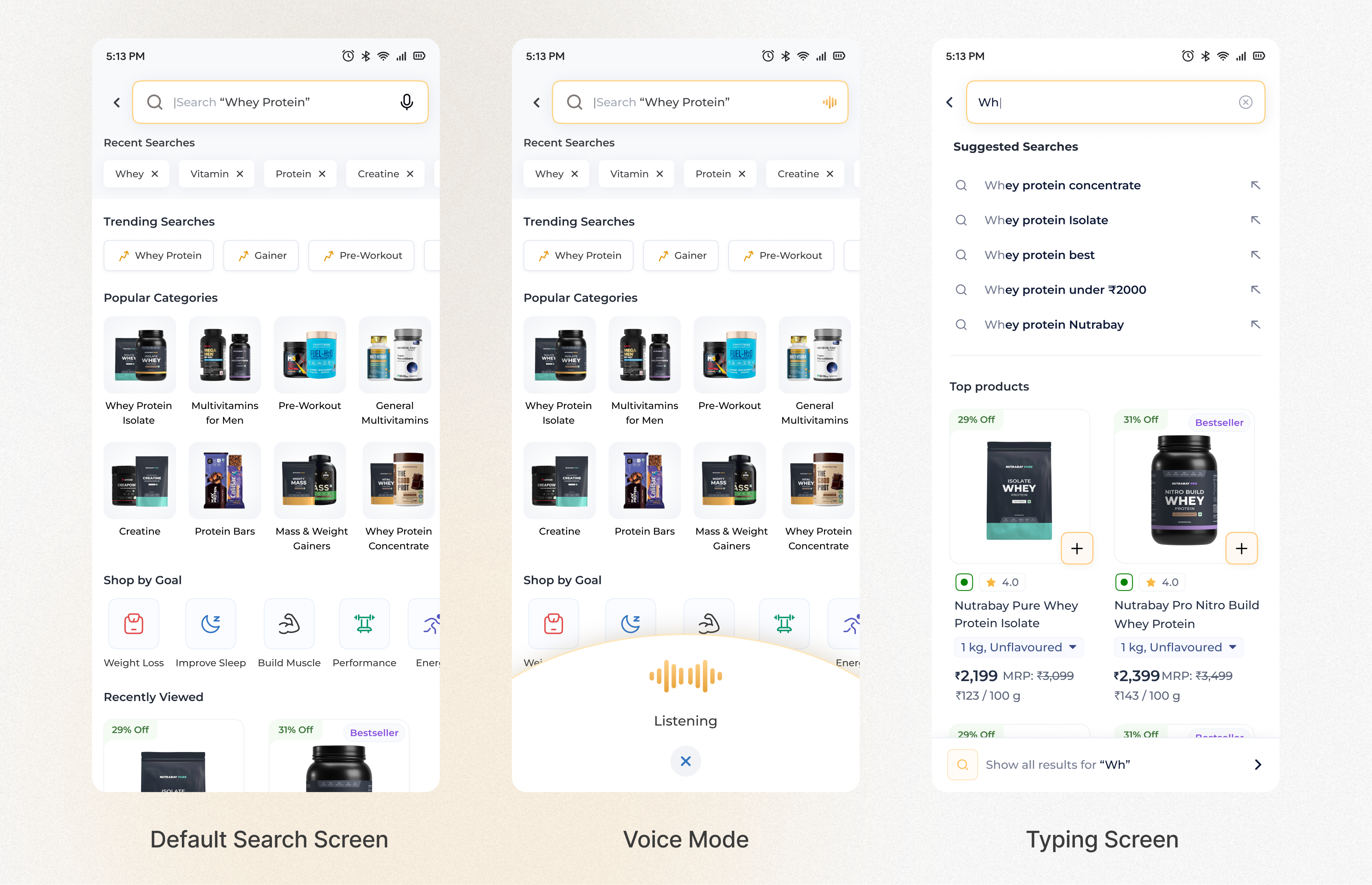 Redesigned search, default search screen, voice mode and typing screen with suggested searches