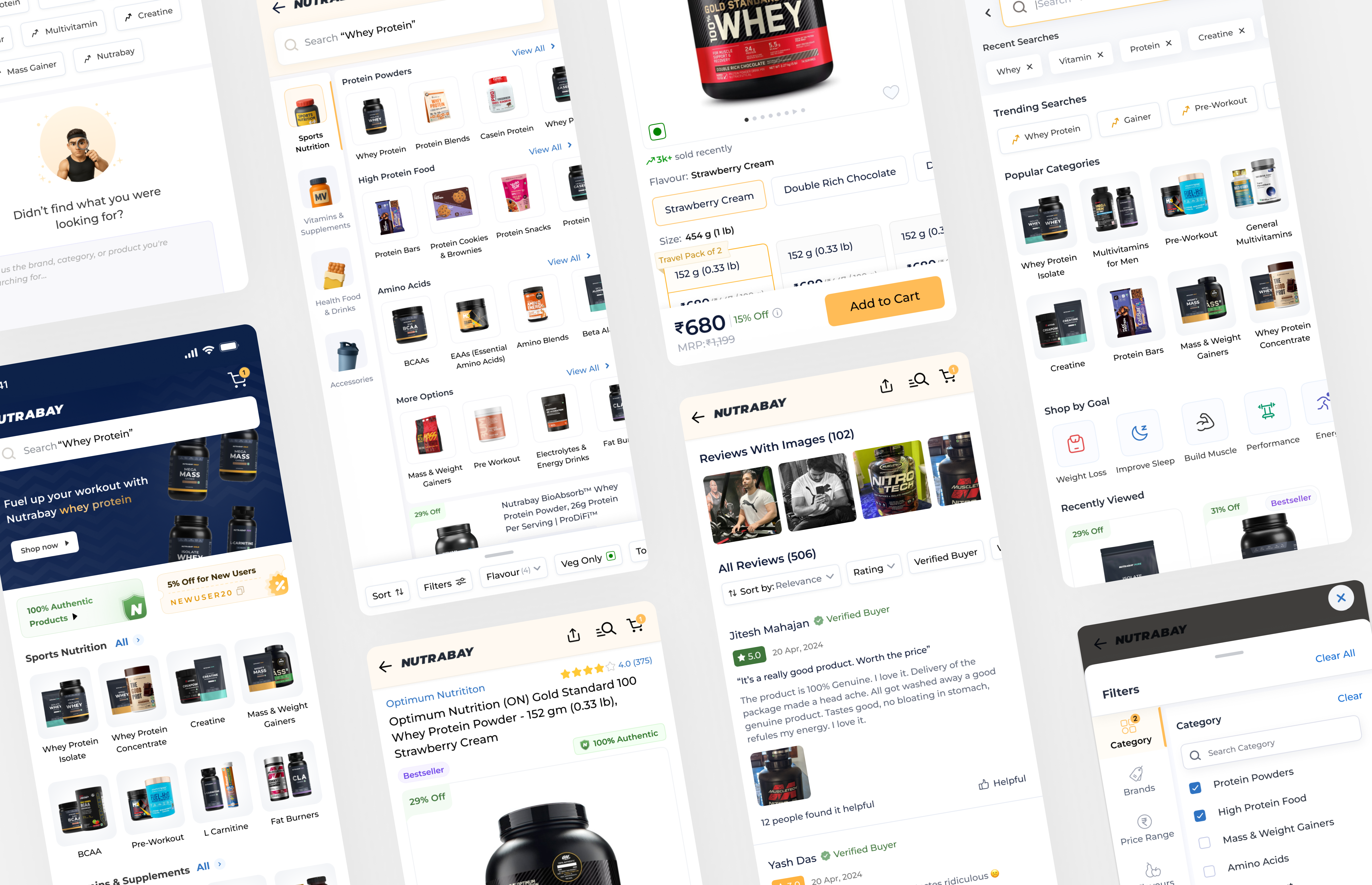 Collage of redesigned Nutrabay screens across search, PLP, PDP and reviews